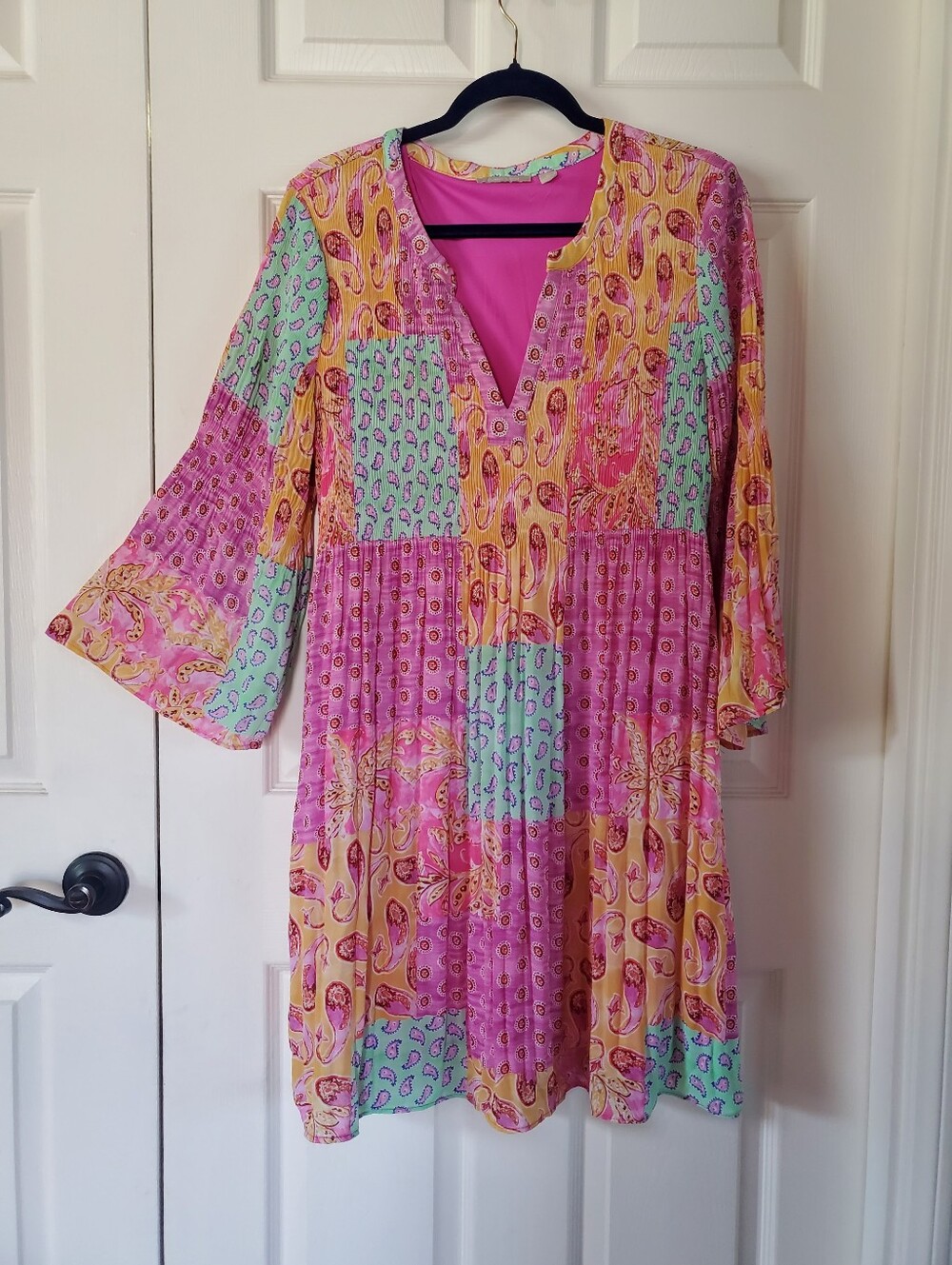 Bohemian Sunny Leigh‎ Patchwork Multicolor Paisley Midi Dress Bell Long Sleeve